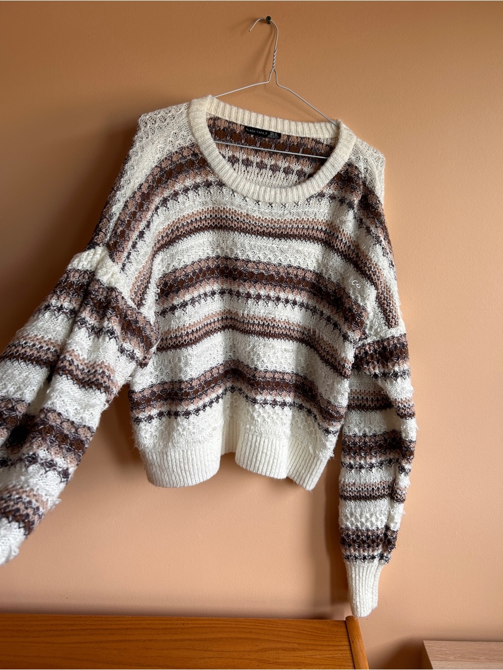Black Tape_ Cream and Brown Striped Knit Crewneck Sweater - Picture 1 of 8